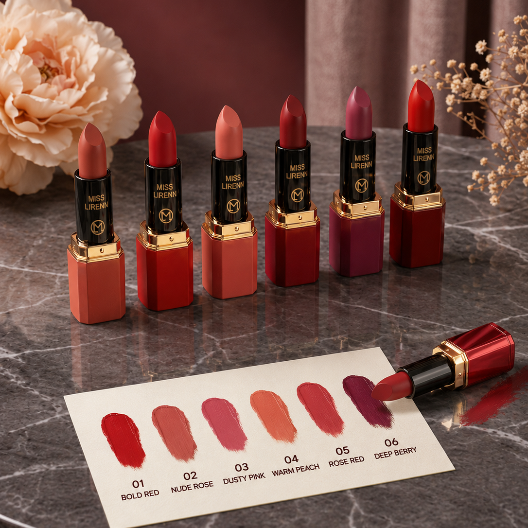 Six lipstick tubes in a row on a dark marble surface, with a swatch card showing six lipstick color samples labeled 01 to 06. Decorative flowers and dried stems sit in the background against a dark red curtain.