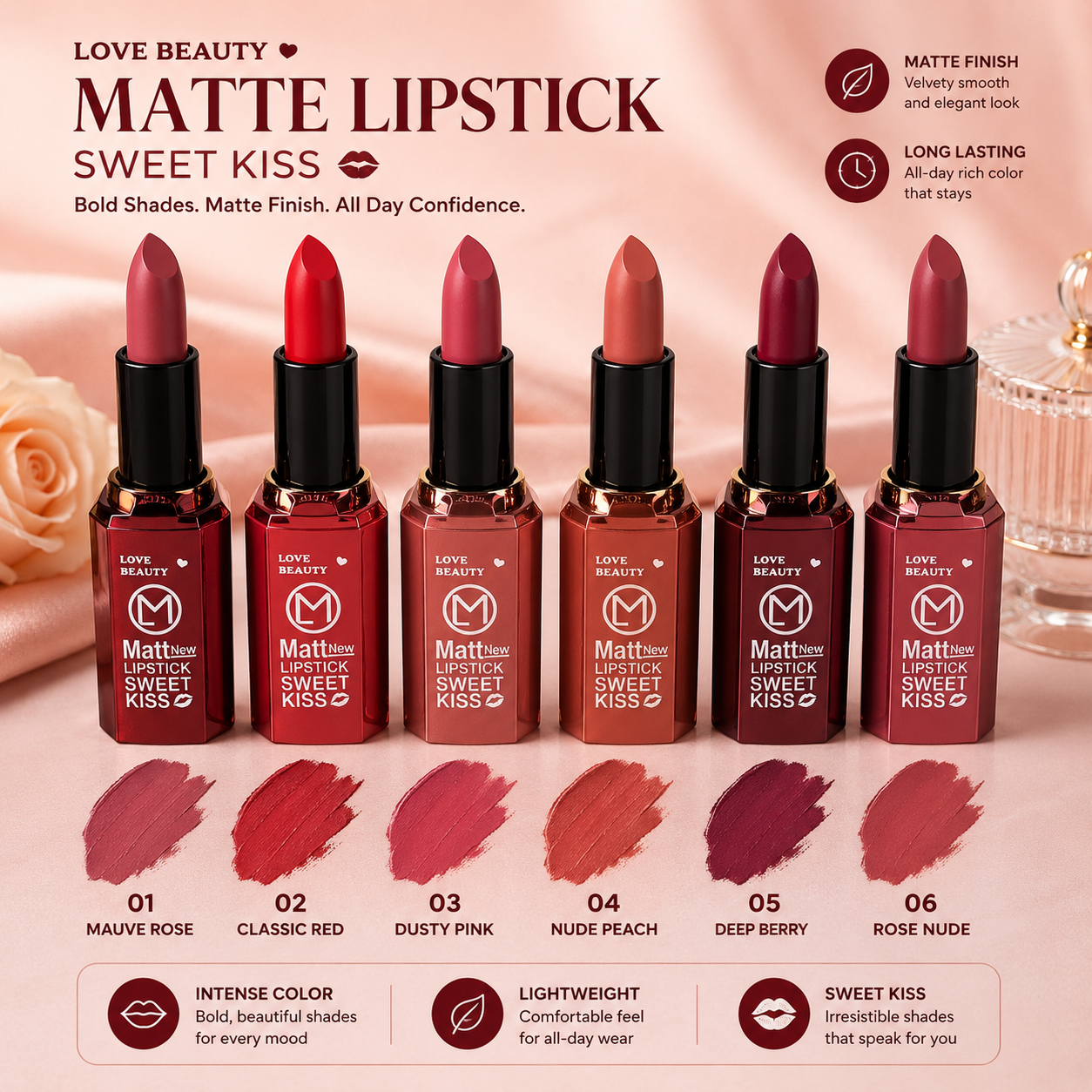 6 Cute Matte New Lipstick – Sweet Kiss | Long-Lasting Matte Lip Colors
